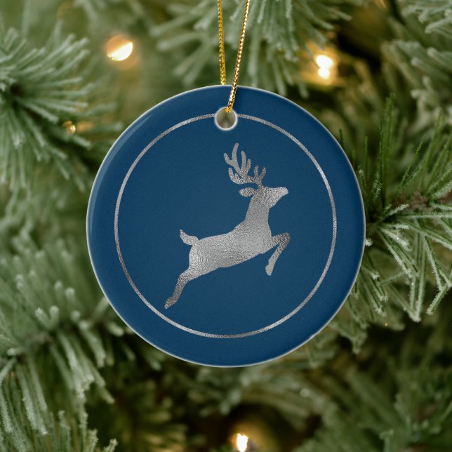 Faux Silver Foil Reindeer On Blue (Not Real Foil) Ceramic Ornament (Tree)