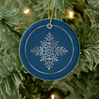 Faux Silver Foil Snowflake On Blue (Not Real Foil) Ceramic Ornament
