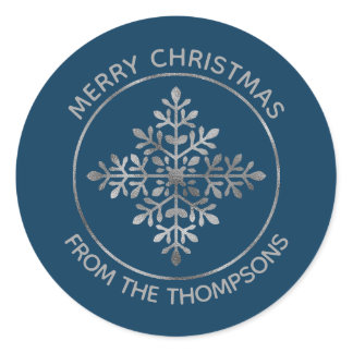 Faux Silver Foil Snowflake On Blue (Not Real Foil) Classic Round Sticker