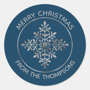 Faux Silver Foil Snowflake On Blue (Not Real Foil) Classic Round Sticker