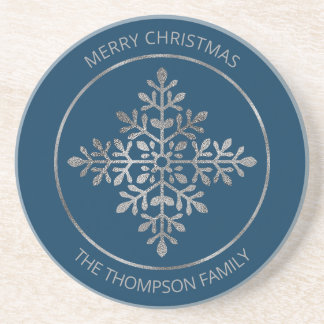 Faux Silver Foil Snowflake On Blue (Not Real Foil) Coaster