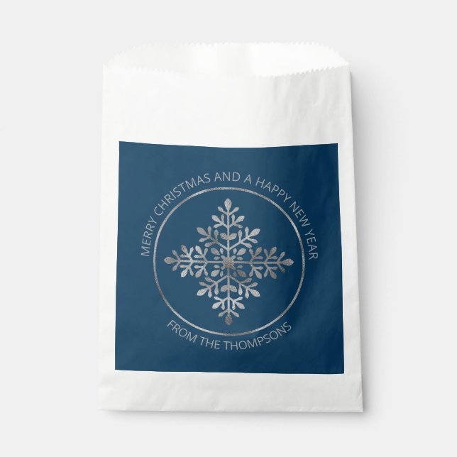 Faux Silver Foil Snowflake On Blue (Not Real Foil) Favor Bag (Front)