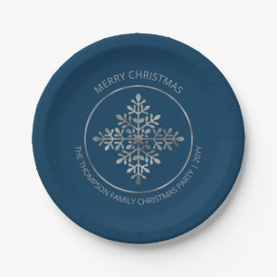 Faux Silver Foil Snowflake On Blue (Not Real Foil) Paper Plates