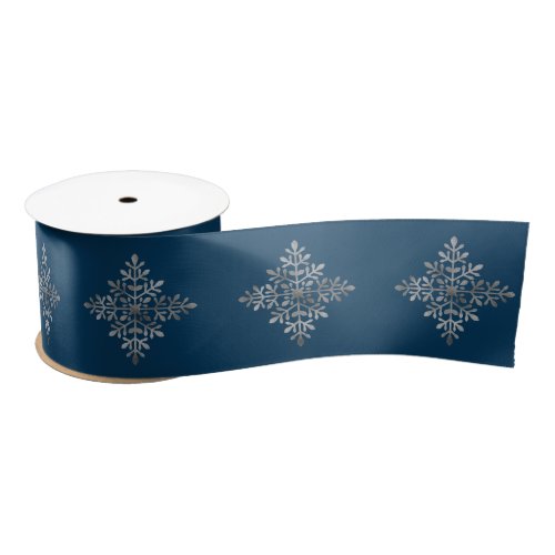 Faux Silver Foil Snowflake On Blue Not Real Foil Satin Ribbon