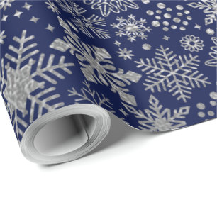 Faux Silver Foil Snowflakes Pattern Navy Holidays Wrapping Paper