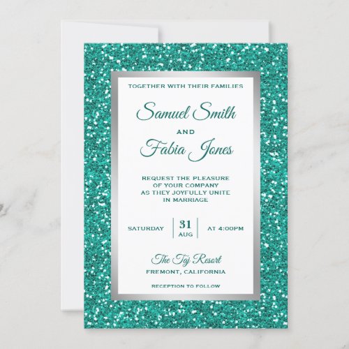 Faux Silver Foil Teal Glitter Wedding Invitation