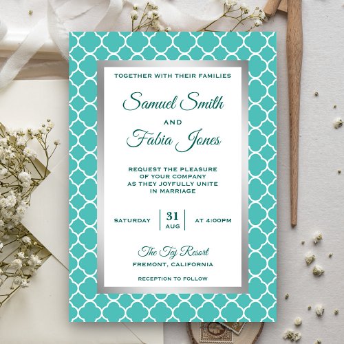 Faux Silver Foil Teal Quatrefoil Wedding Invite