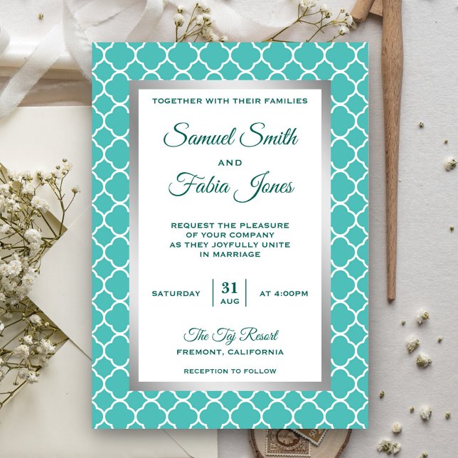 Faux Silver Foil Teal Quatrefoil Wedding Invite (Creator Uploaded)