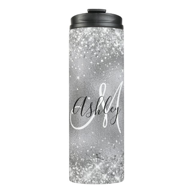 Faux Silver Foil with Sparkly Glitter Monogram Thermal Tumbler (Front)