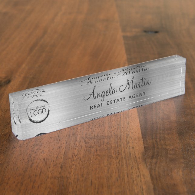 Faux Silver Foil with Your Logo Desk Name Plate (Side)