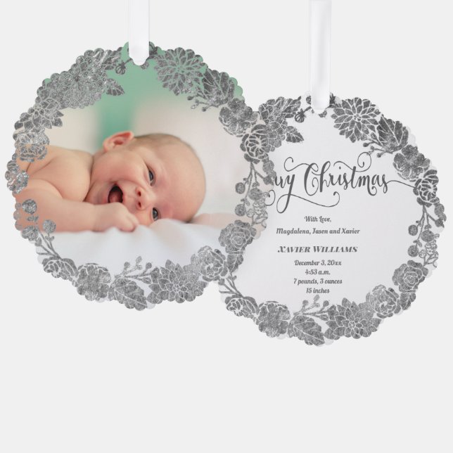 faux silver foil wreath new baby  Merry Christmas Ornament Card (Front/Back)