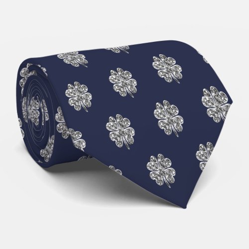 Faux Silver Four Leaf Clover Good Luck Dark Blue Neck Tie