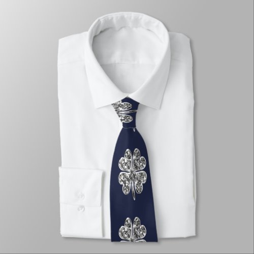 Faux Silver Four Leaf Clover Lucky Stylish Blue Neck Tie