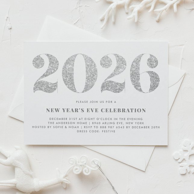 Faux Silver Glitter 2026 New Year's Eve Party Invitation (Customizable 2026 New Year's Eve party invitation featuring faux silver glitter.)