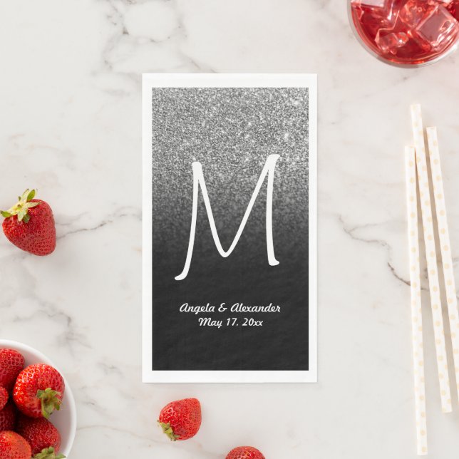 Faux Silver Glitter and Black Ombre Monogram Paper Guest Towels (Insitu)