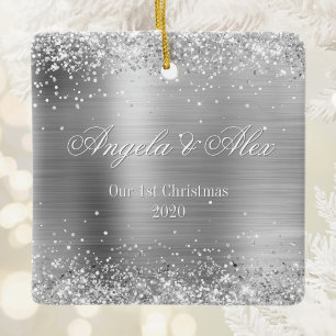 Faux Silver Glitter and Brushed Metal Foil Photo Ceramic Ornament