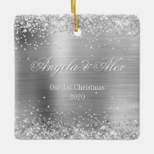 Faux Silver Glitter and Brushed Metal Foil Photo Ceramic Ornament
