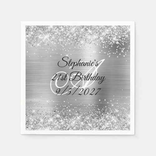 Faux Silver Glitter and Foil 21st Birthday Napkins