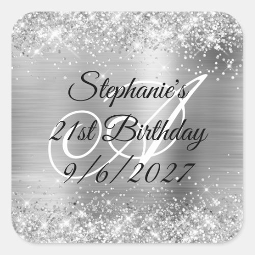 Faux Silver Glitter and Foil 21st Birthday Square Sticker