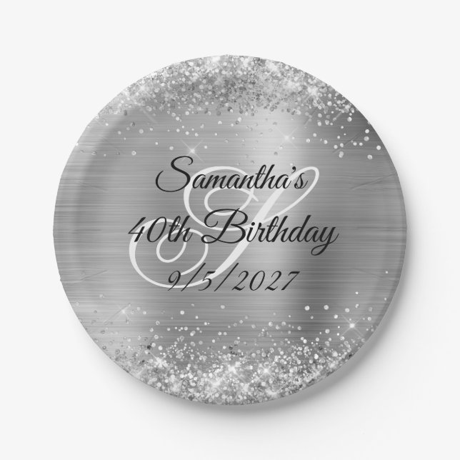 Faux Silver Glitter and Foil 40th Birthday Paper Plates (Front)