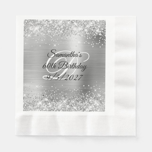 Faux Silver Glitter and Foil 60th Birthday Napkins (Front)