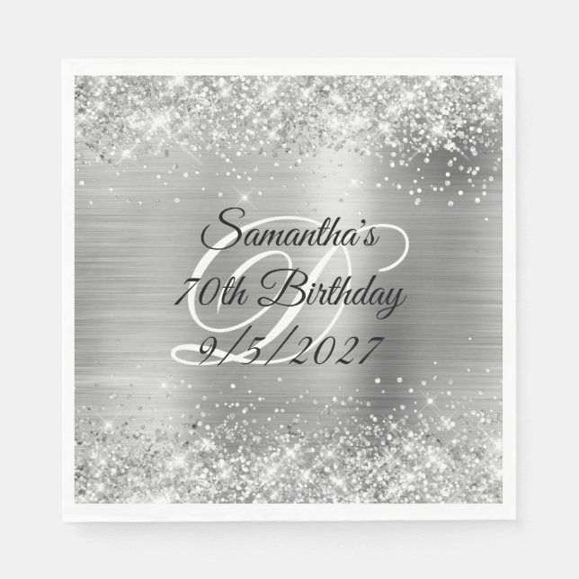 Faux Silver Glitter and Foil 70th Birthday Napkins (Front)