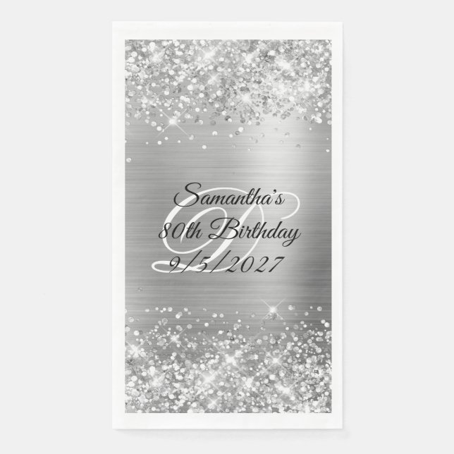 Faux Silver Glitter and Foil 80th Birthday Paper Guest Towels (Front)