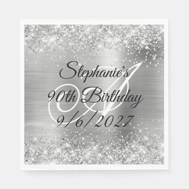 Faux Silver Glitter and Foil 90th Birthday Napkins (Front)