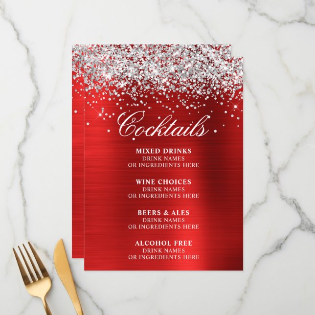 Faux Silver Glitter and Red Foil Cocktails Bar Menu (Front/Back In Situ)
