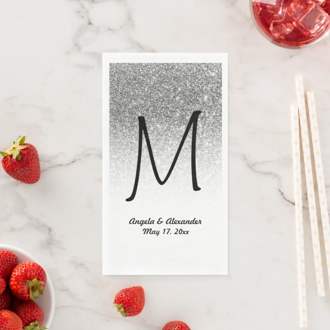 Faux Silver Glitter and White Ombre Monogram Paper Guest Towels (Insitu)