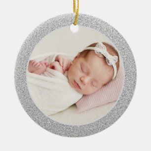 Faux Silver Glitter Baby's First Christmas Photo Ceramic Ornament