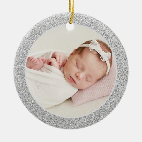 Faux Silver Glitter Babys First Christmas Photo Ceramic Ornament