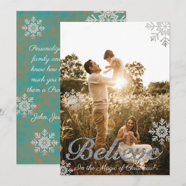 Faux Silver Glitter Believe Photo Holiday Card (Front/Back)