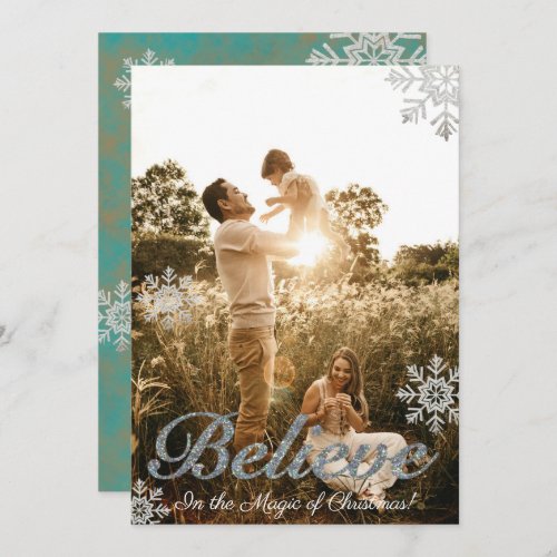 Faux Silver Glitter Believe Photo Holiday Card