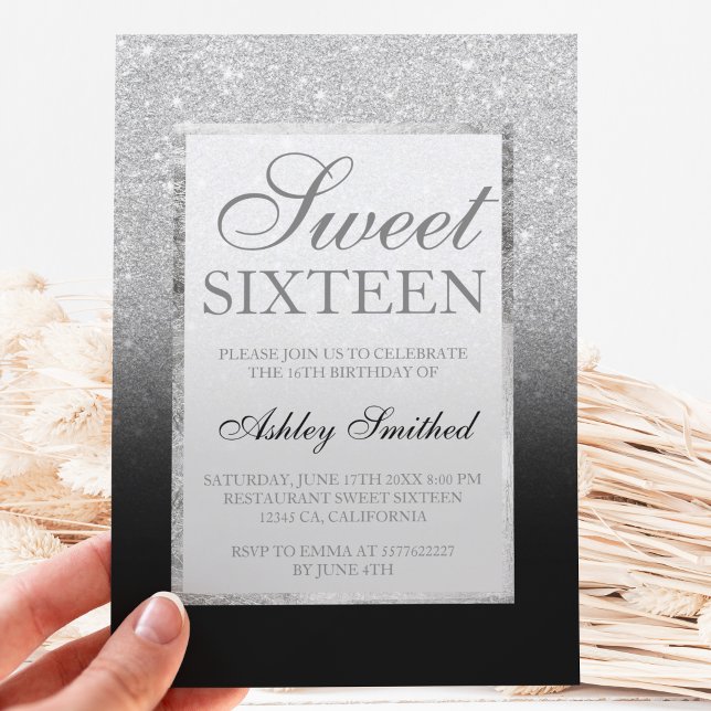 Faux silver glitter black elegant chic Sweet 16 Invitation