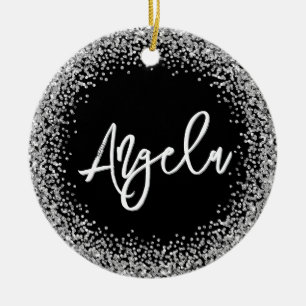 Faux Silver Glitter Black Photo Ceramic Ornament