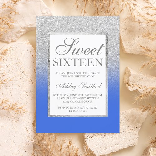 Faux silver glitter blue elegant chic Sweet 16 Invitation