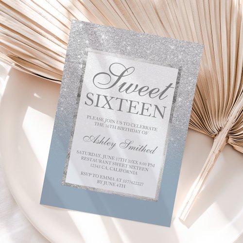 Faux silver glitter blue elegant chic Sweet 16 Invitation