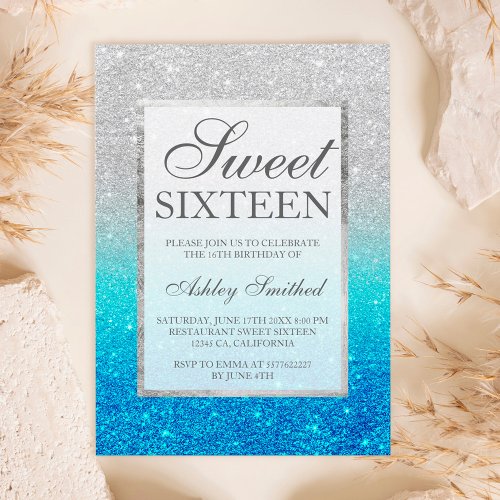 Faux silver glitter blue teal Sweet 16 Invitation