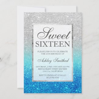 Faux silver glitter blue teal Sweet 16 Invitation