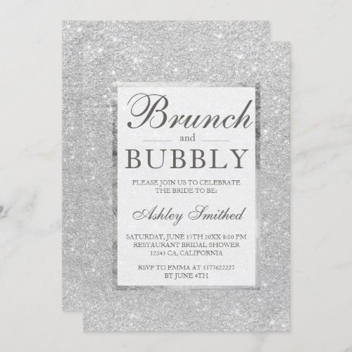 Faux silver glitter brunch bubbly bridal shower invitation