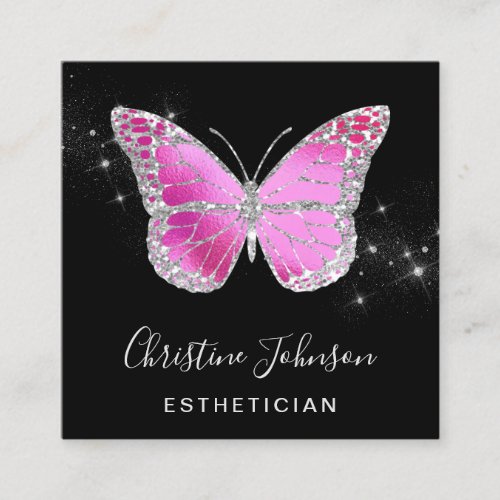 faux silver glitter butterfly square business card