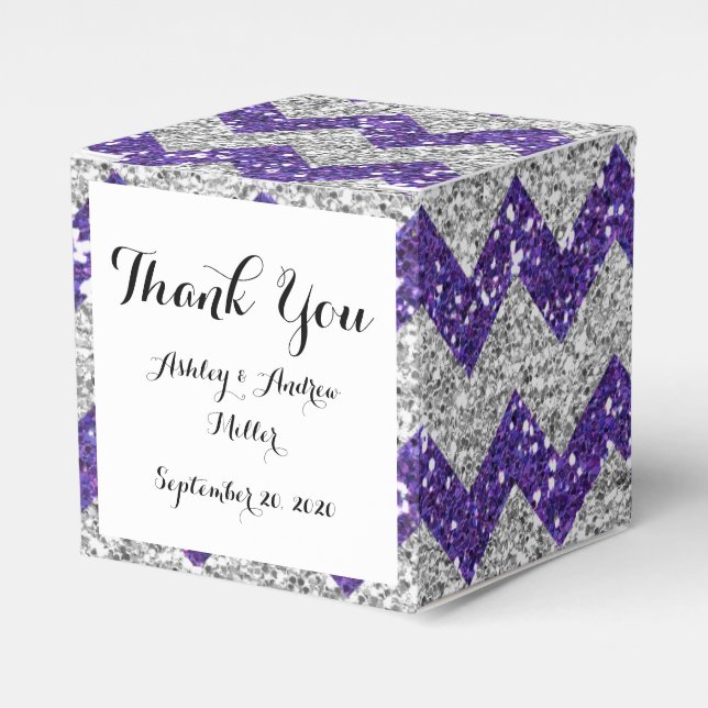 Faux Silver Glitter Chevron Pattern Purple Glitter Favor Boxes (Front Side)