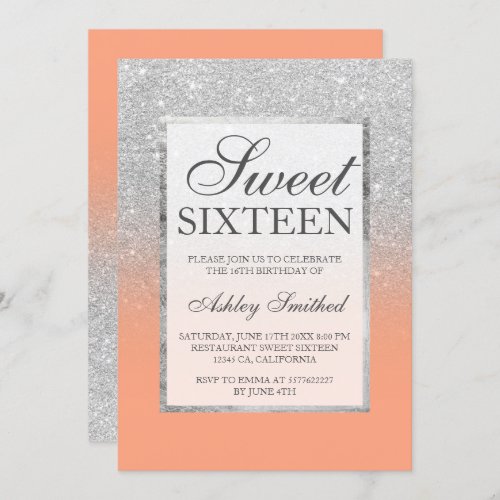 Faux silver glitter chic elegant orange Sweet 16 Invitation