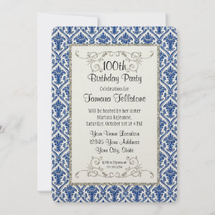 Faux Silver Glitter Damask Floral Pattern Birthday Invitation