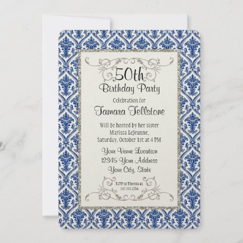 Faux Silver Glitter Damask Floral Pattern Birthday Invitation