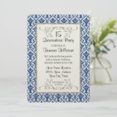 Faux Silver Glitter Damask Quinceanera Party Invitation (Standing Front)