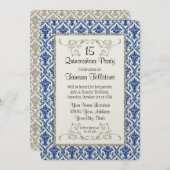 Faux Silver Glitter Damask Quinceanera Party Invitation (Front/Back)