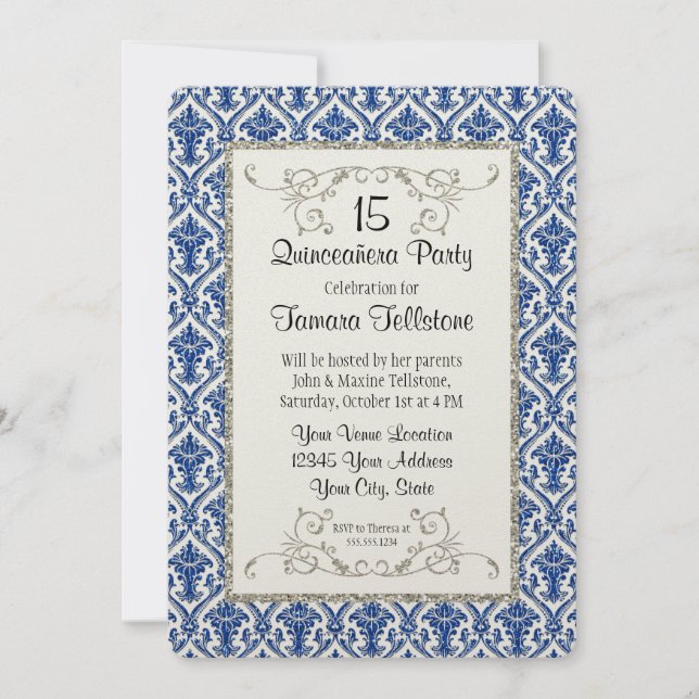 Faux Silver Glitter Damask Quinceanera Party Invitation (Front)