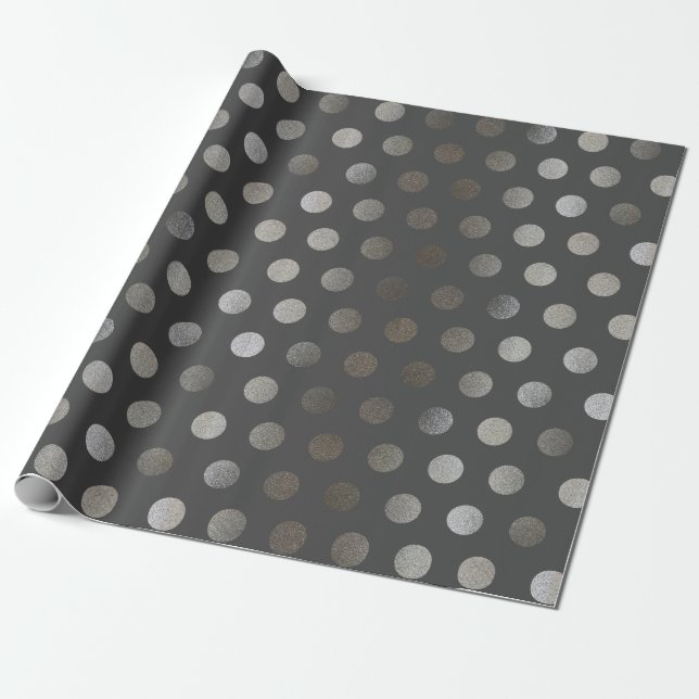 Faux Silver Glitter & Dark Gray Medium Polka Dot Wrapping Paper (Unrolled)